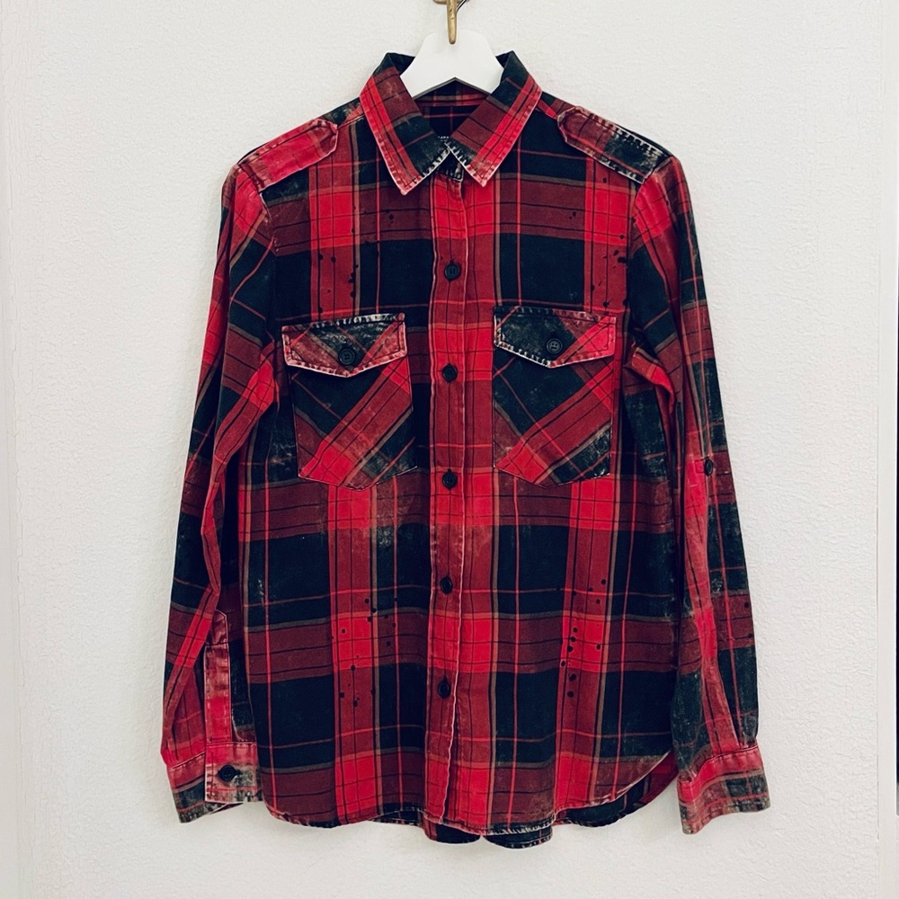 Zara Distressed Plaid Button Down Top